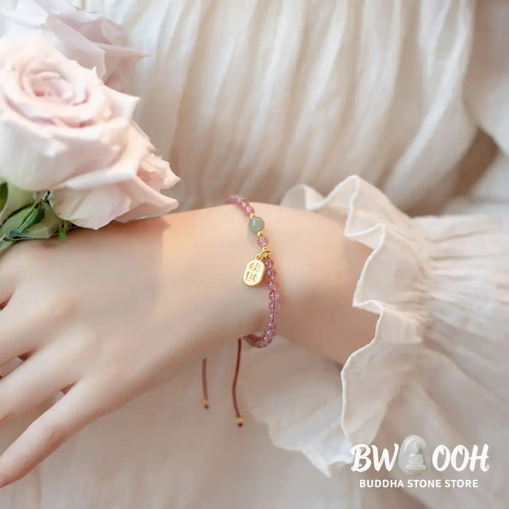 Buddha Stones Natural Strawberry Quartz Garnet Jade Lucky Fortune Fu Character Healing Charm Bracelet - BWOOOH