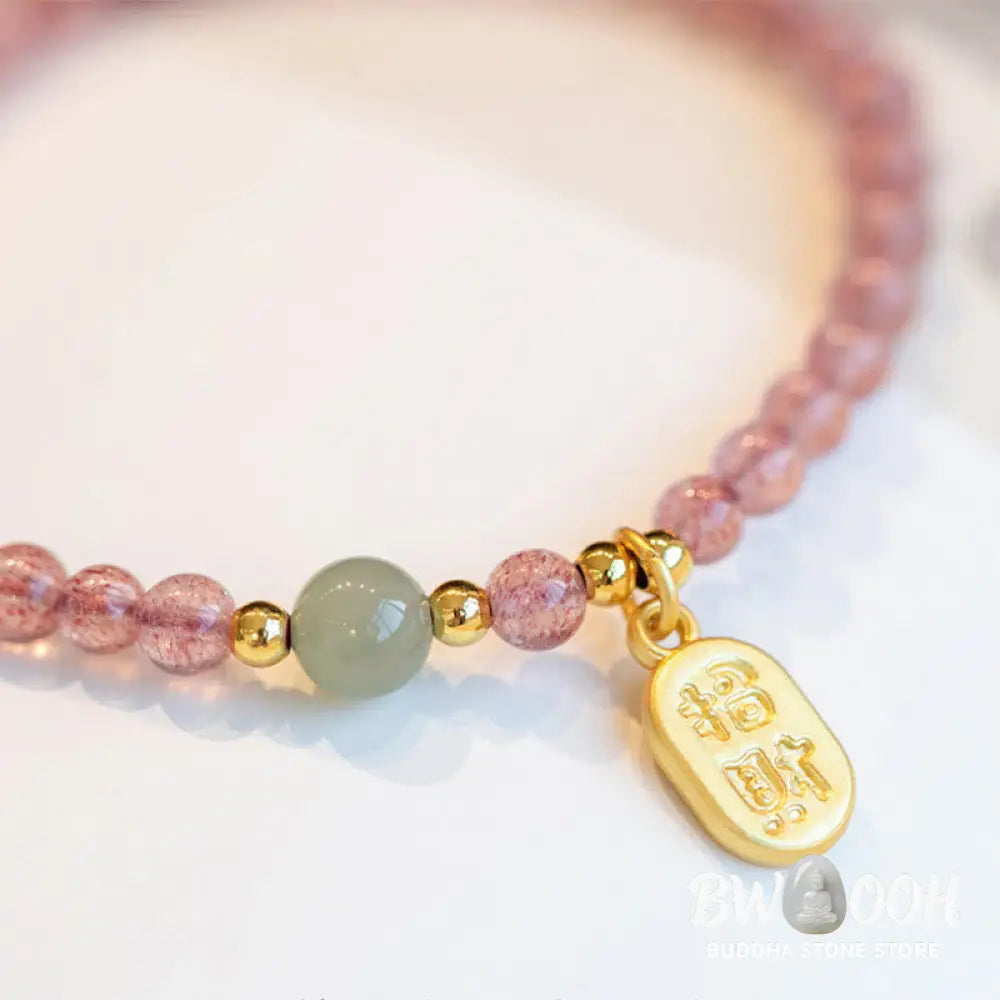 Buddha Stones Natural Strawberry Quartz Garnet Jade Lucky Fortune Fu Character Healing Charm Bracelet - BWOOOH