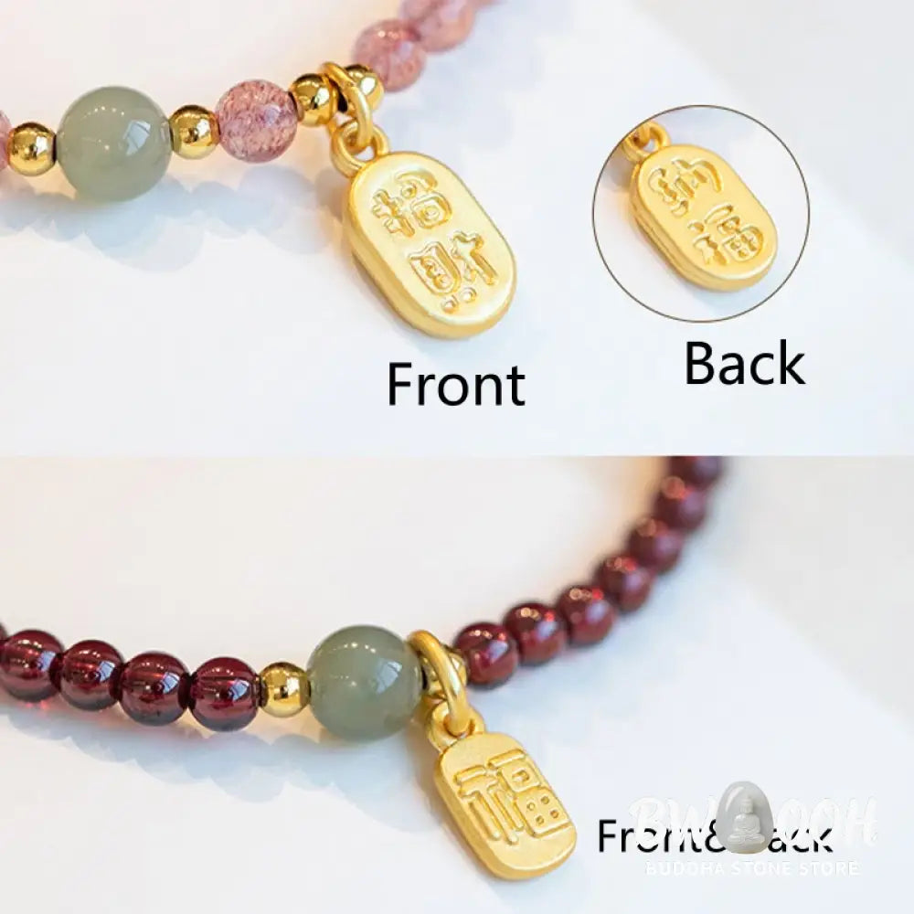 Buddha Stones Natural Strawberry Quartz Garnet Jade Lucky Fortune Fu Character Healing Charm Bracelet - BWOOOH