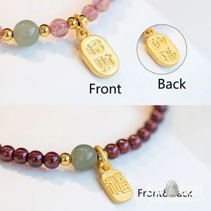 Buddha Stones Natural Strawberry Quartz Garnet Jade Lucky Fortune Fu Character Healing Charm Bracelet - BWOOOH