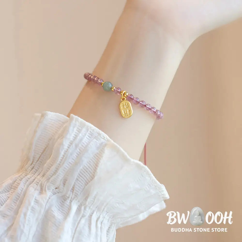 Buddha Stones Natural Strawberry Quartz Garnet Jade Lucky Fortune Fu Character Healing Charm Bracelet - BWOOOH