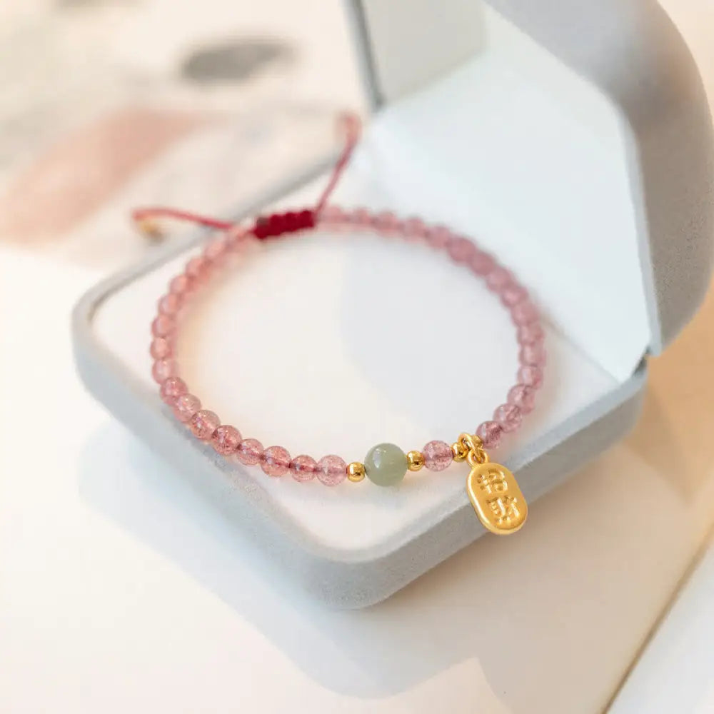 BWOOOH Natural Strawberry Quartz Garnet Jade Lucky Fortune Fu Character Healing Charm Bracelet - BWOOOH