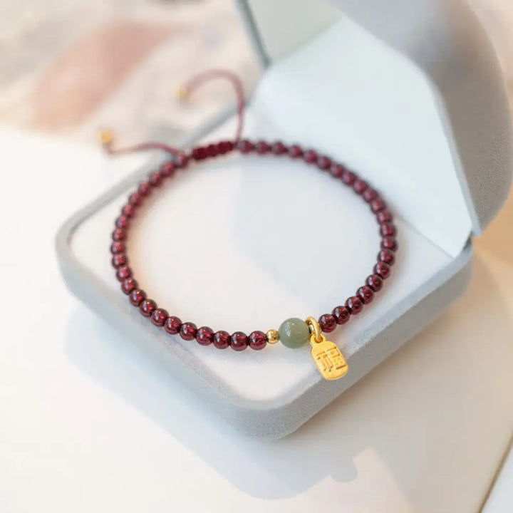 Buddha Stones Natural Strawberry Quartz Garnet Jade Lucky Fortune Fu Character Healing Charm Bracelet - BWOOOH