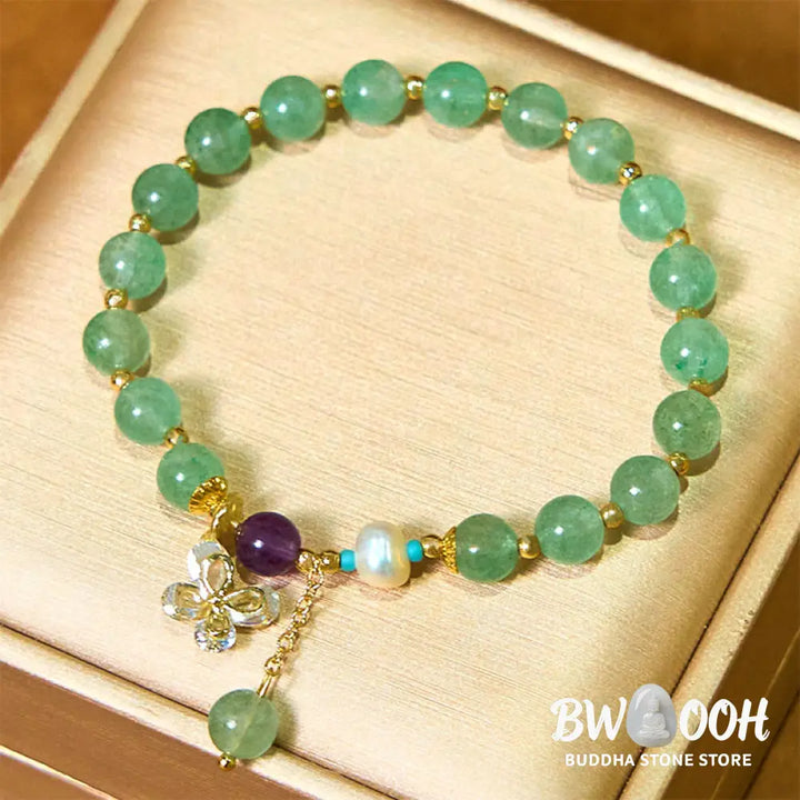 Buddha Stones Natural Strawberry Quartz Green Strawberry Quartz Butterfly Charm Love Bracelet - BWOOOH - Bracelet