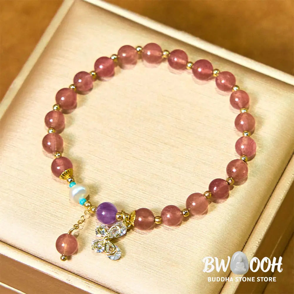 Buddha Stones Natural Strawberry Quartz Green Strawberry Quartz Butterfly Charm Love Bracelet - BWOOOH - Bracelet