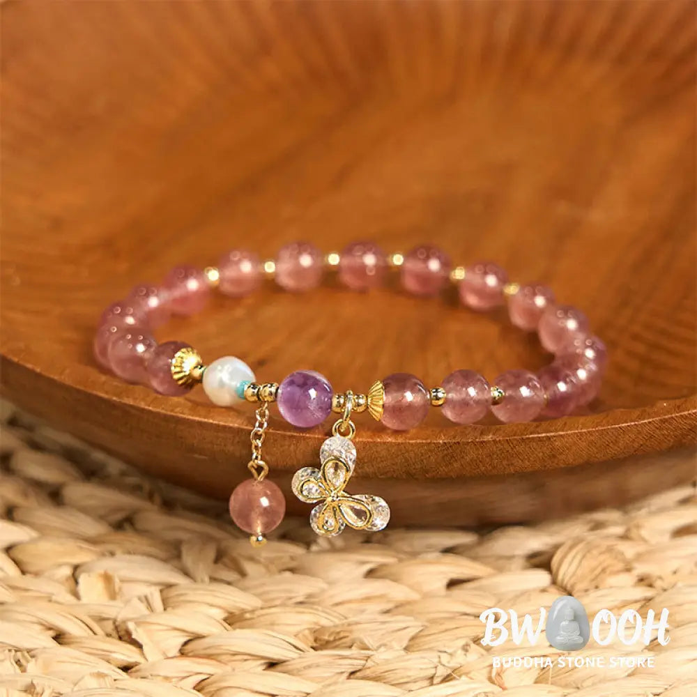 Buddha Stones Natural Strawberry Quartz Green Strawberry Quartz Butterfly Charm Love Bracelet - BWOOOH - Bracelet