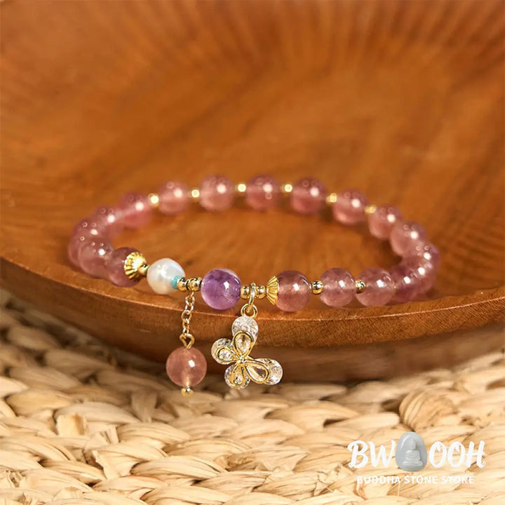Buddha Stones Natural Strawberry Quartz Green Strawberry Quartz Butterfly Charm Love Bracelet - BWOOOH - Bracelet