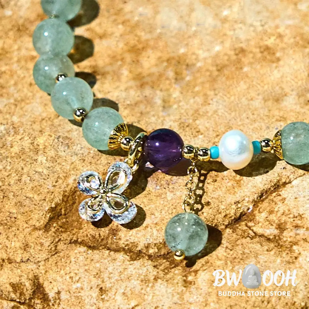 Buddha Stones Natural Strawberry Quartz Green Strawberry Quartz Butterfly Charm Love Bracelet - BWOOOH - Bracelet