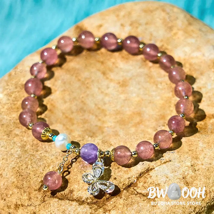 Buddha Stones Natural Strawberry Quartz Green Strawberry Quartz Butterfly Charm Love Bracelet - BWOOOH - Bracelet