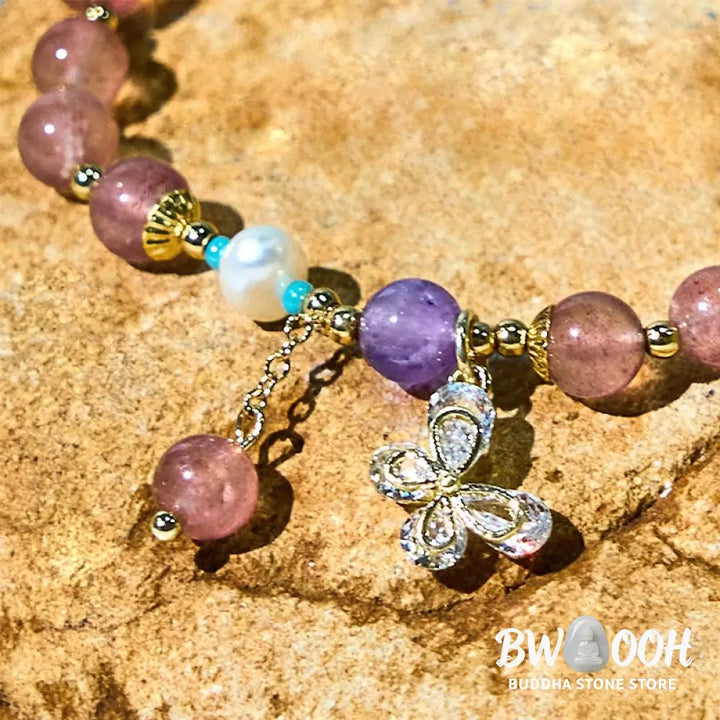 Buddha Stones Natural Strawberry Quartz Green Strawberry Quartz Butterfly Charm Love Bracelet - BWOOOH - Bracelet