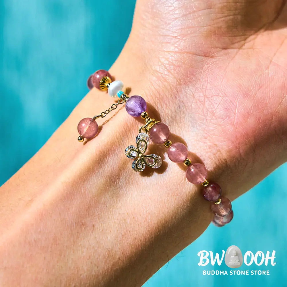 Buddha Stones Natural Strawberry Quartz Green Strawberry Quartz Butterfly Charm Love Bracelet - BWOOOH - Bracelet