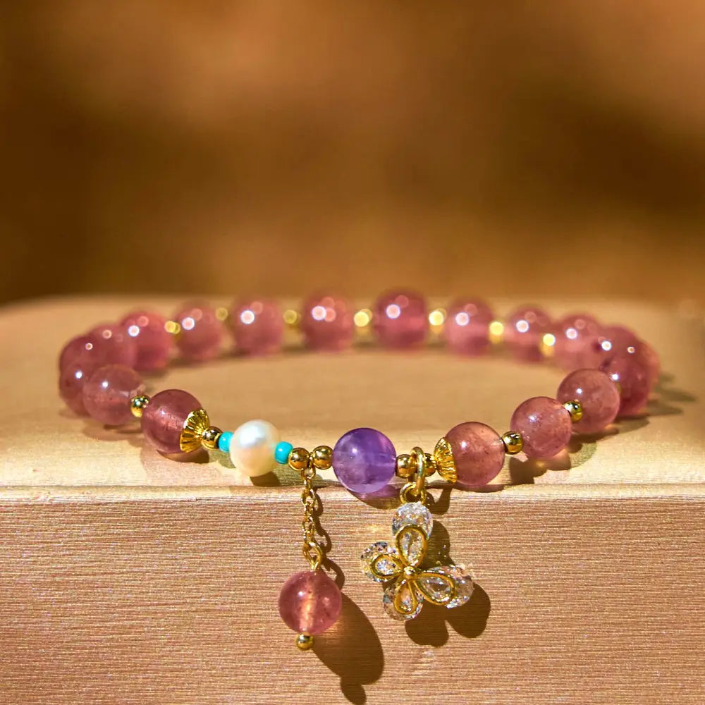 BWOOOH Natural Strawberry Quartz Green Strawberry Quartz Butterfly Charm Love Bracelet — Strawberry Quartz crystal healing...