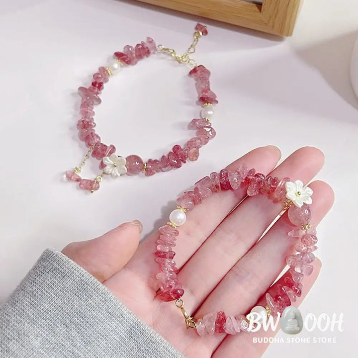Buddha Stones Natural Strawberry Quartz Green Strawberry Quartz Super Seven Crystal Flower Healing Bracelet - BWOOOH