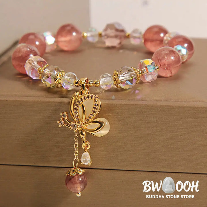 Buddha Stones Natural Strawberry Quartz Healing Positive Butterfly Charm Bracelet - BWOOOH - Strawberry