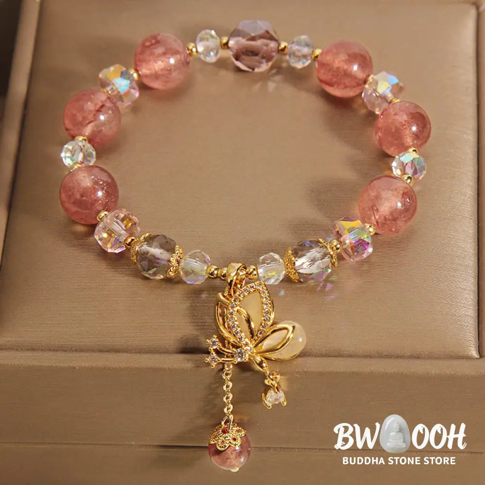 Buddha Stones Natural Strawberry Quartz Healing Positive Butterfly Charm Bracelet - BWOOOH - Strawberry