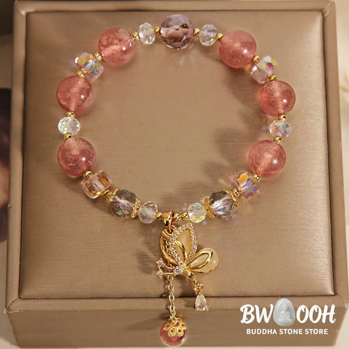 Buddha Stones Natural Strawberry Quartz Healing Positive Butterfly Charm Bracelet - BWOOOH - Strawberry