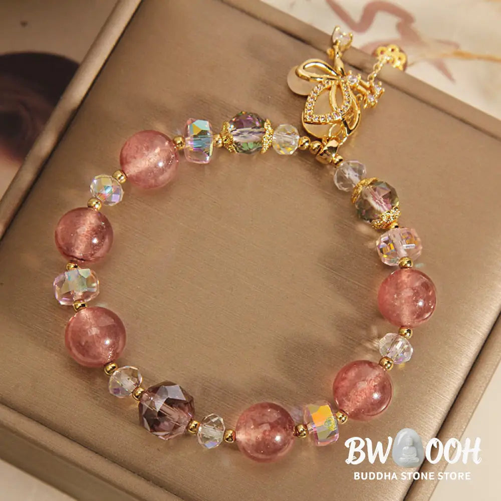 Buddha Stones Natural Strawberry Quartz Healing Positive Butterfly Charm Bracelet - BWOOOH - Strawberry