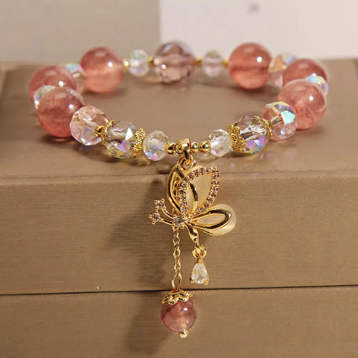 Buddha Stones Natural Strawberry Quartz Healing Positive Butterfly Charm Bracelet - BWOOOH - Strawberry