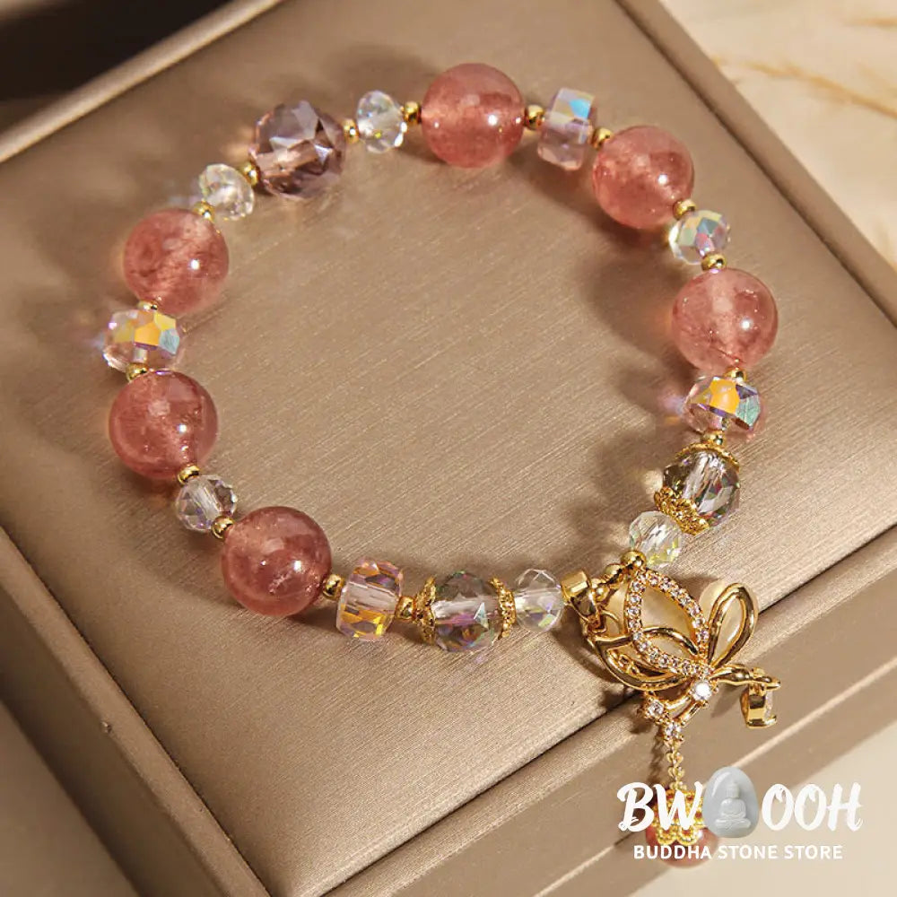 Buddha Stones Natural Strawberry Quartz Healing Positive Butterfly Charm Bracelet - BWOOOH - Strawberry