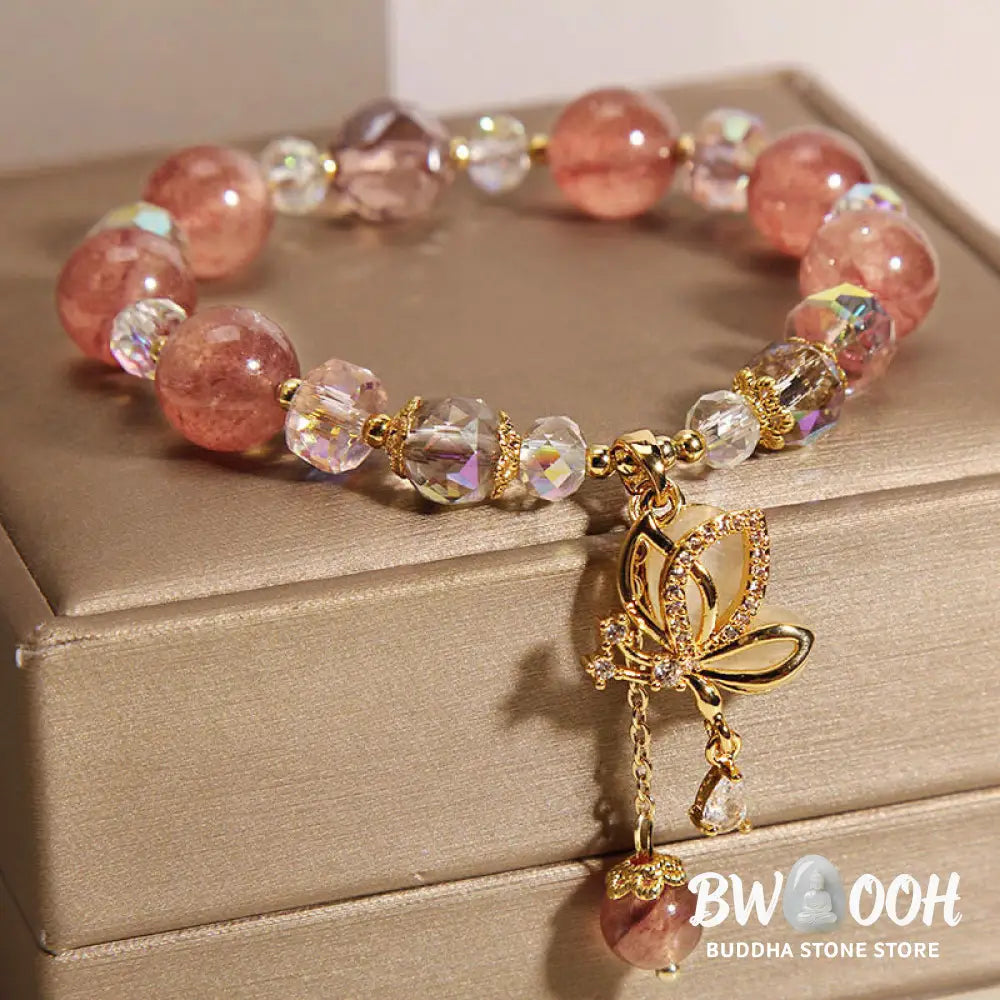 Buddha Stones Natural Strawberry Quartz Healing Positive Butterfly Charm Bracelet - BWOOOH - Strawberry