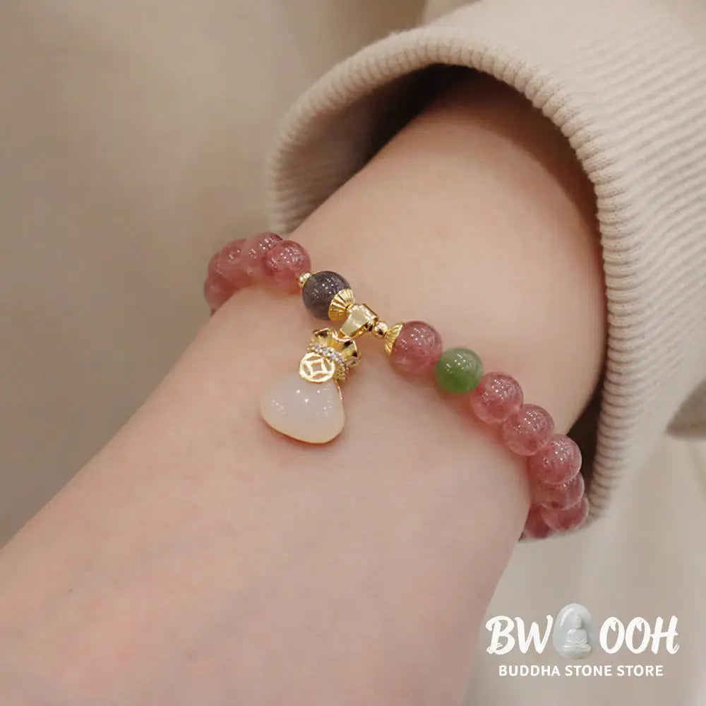 Buddha Stones Natural Strawberry Quartz Jade Peace Buckle Coin Purse Healing Bracelet - BWOOOH - Bracelet