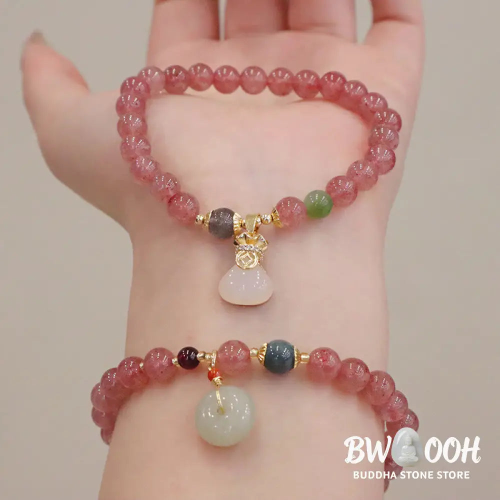 Buddha Stones Natural Strawberry Quartz Jade Peace Buckle Coin Purse Healing Bracelet - BWOOOH - Bracelet