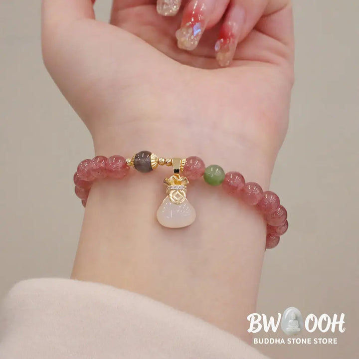 Buddha Stones Natural Strawberry Quartz Jade Peace Buckle Coin Purse Healing Bracelet - BWOOOH - Bracelet