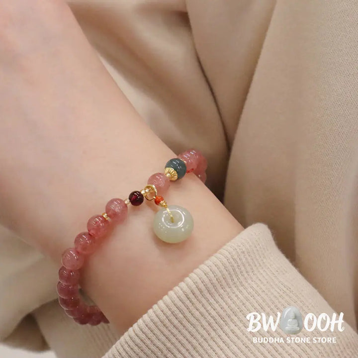 Buddha Stones Natural Strawberry Quartz Jade Peace Buckle Coin Purse Healing Bracelet - BWOOOH - Bracelet