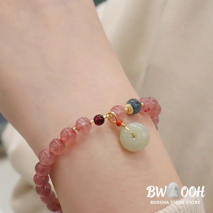 Buddha Stones Natural Strawberry Quartz Jade Peace Buckle Coin Purse Healing Bracelet - BWOOOH - Bracelet