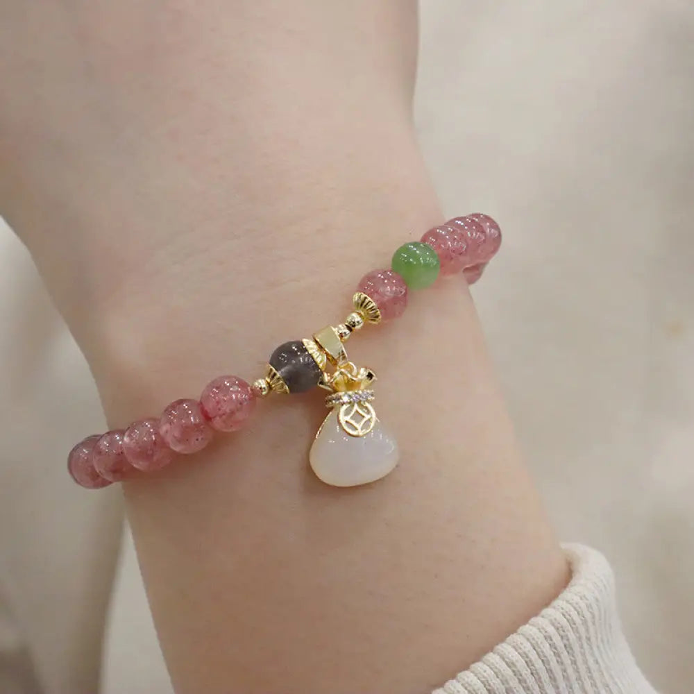 Buddha Stones Natural Strawberry Quartz Jade Peace Buckle Coin Purse Healing Bracelet - BWOOOH - Strawberry Crystal