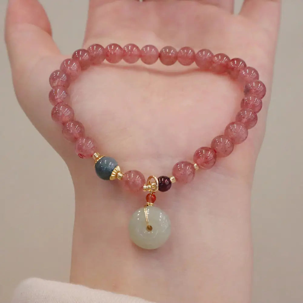 Buddha Stones Natural Strawberry Quartz Jade Peace Buckle Coin Purse Healing Bracelet - BWOOOH - Strawberry Crystal