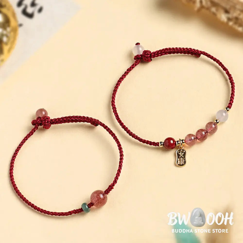 Buddha Stones Natural Strawberry Quartz Jade White Agate Red String Positive Bracelet - BWOOOH - Bracelet