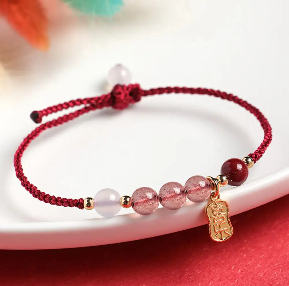 Buddha Stones Natural Strawberry Quartz Jade White Agate Red String Positive Bracelet - BWOOOH - Strawberry Quartz