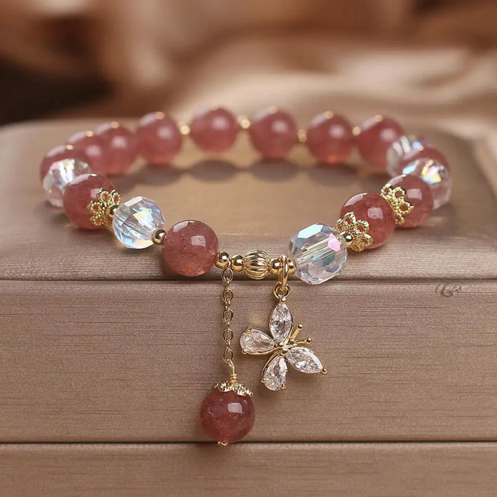 BWOOOH Natural Strawberry Quartz Love Healing Butterfly Charm Bracelet - Strawberry Quartz(Love♥Healing) Wrist