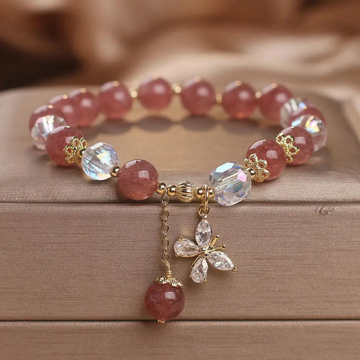 BWOOOH Natural Strawberry Quartz Love Healing Butterfly Charm Bracelet - Strawberry Quartz(Love♥Healing) Wrist