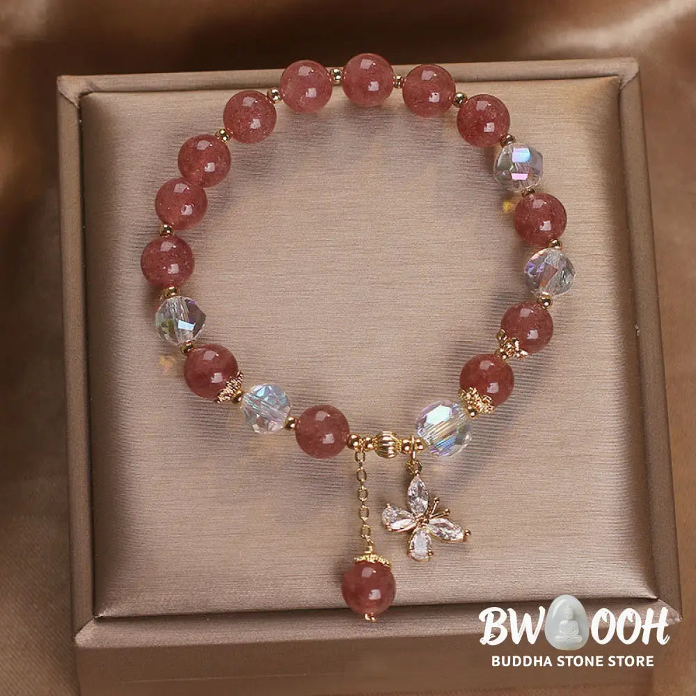 BWOOOH Natural Strawberry Quartz Love Healing Butterfly Charm Bracelet - Strawberry Quartz(Love♥Healing) Wrist