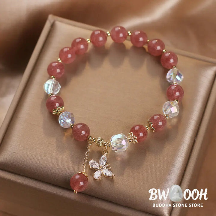 BWOOOH Natural Strawberry Quartz Love Healing Butterfly Charm Bracelet - Strawberry Quartz(Love♥Healing) Wrist