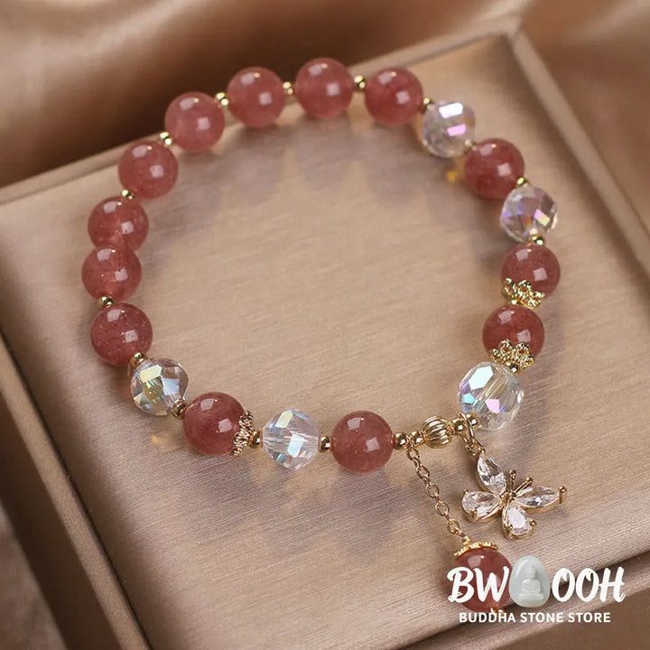 BWOOOH Natural Strawberry Quartz Love Healing Butterfly Charm Bracelet - Strawberry Quartz(Love♥Healing) Wrist