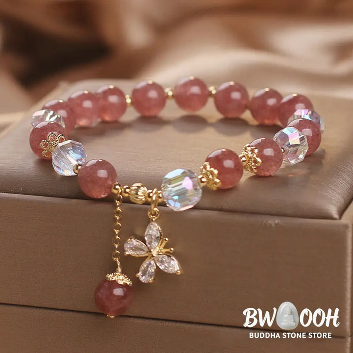 BWOOOH Natural Strawberry Quartz Love Healing Butterfly Charm Bracelet - Strawberry Quartz(Love♥Healing) Wrist