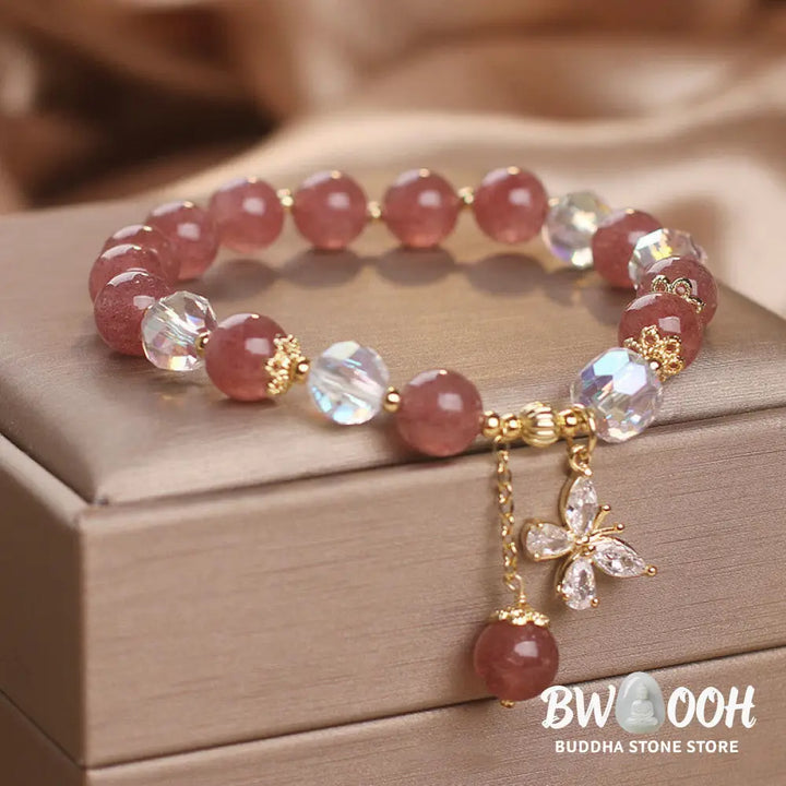 BWOOOH Natural Strawberry Quartz Love Healing Butterfly Charm Bracelet - Strawberry Quartz(Love♥Healing) Wrist