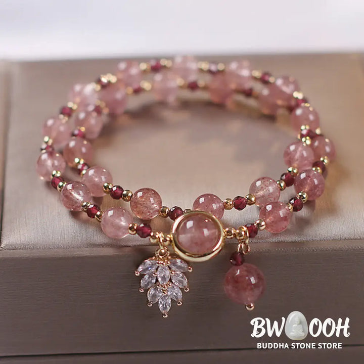 Buddha Stones Natural Strawberry Quartz Love Healing Maple Leaf Charm Double Wrap Bracelet - BWOOOH - Strawberry