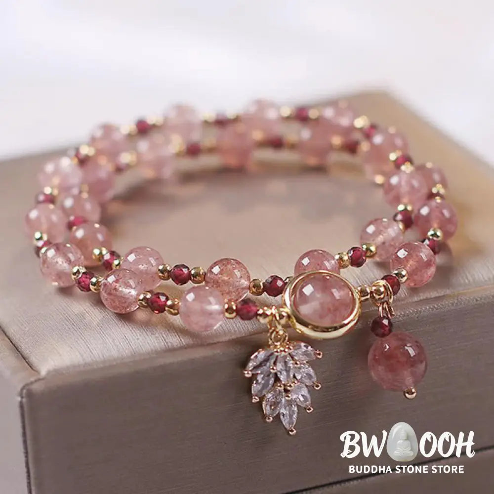 Buddha Stones Natural Strawberry Quartz Love Healing Maple Leaf Charm Double Wrap Bracelet - BWOOOH - Strawberry