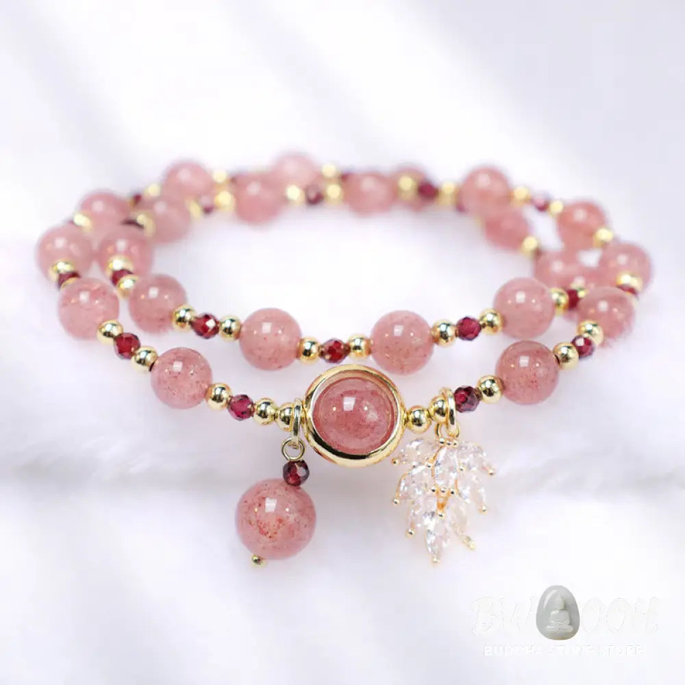 Buddha Stones Natural Strawberry Quartz Love Healing Maple Leaf Charm Double Wrap Bracelet - BWOOOH - Strawberry
