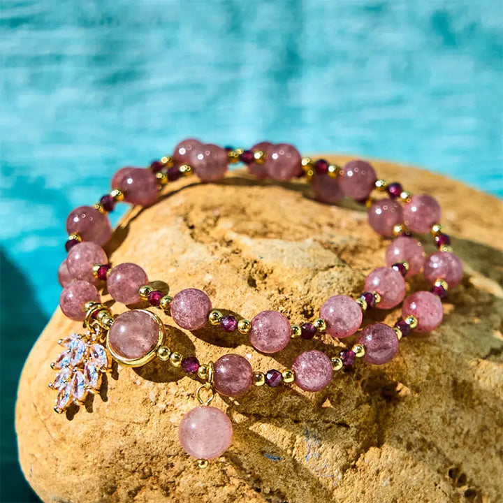 BWOOOH Natural Strawberry Quartz Love Healing Maple Leaf Charm Double Wrap Bracelet — Strawberry Quartz crystal healing br...