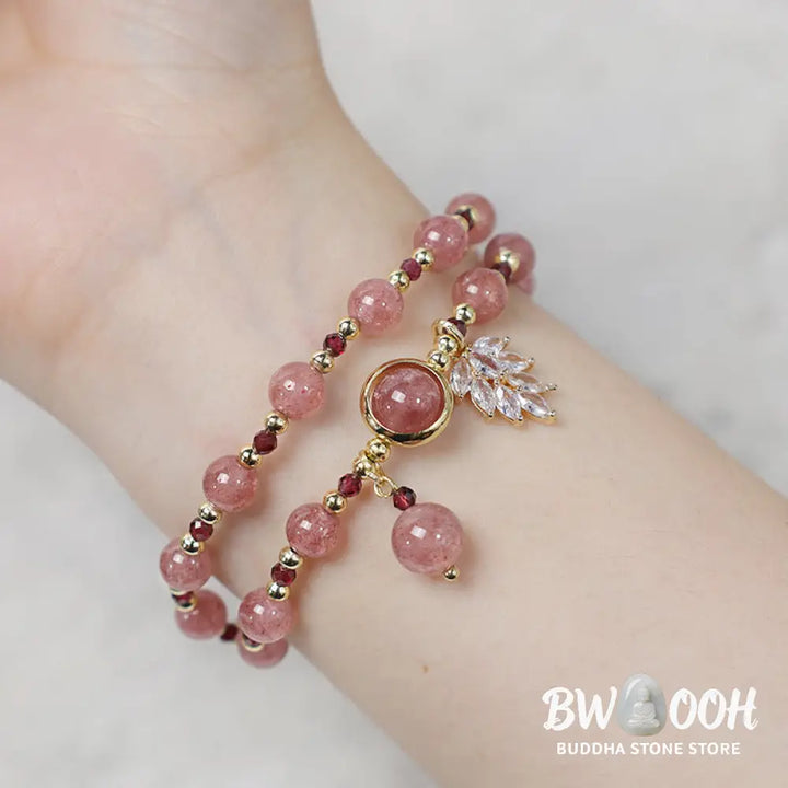Buddha Stones Natural Strawberry Quartz Love Healing Maple Leaf Charm Double Wrap Bracelet - BWOOOH - Strawberry