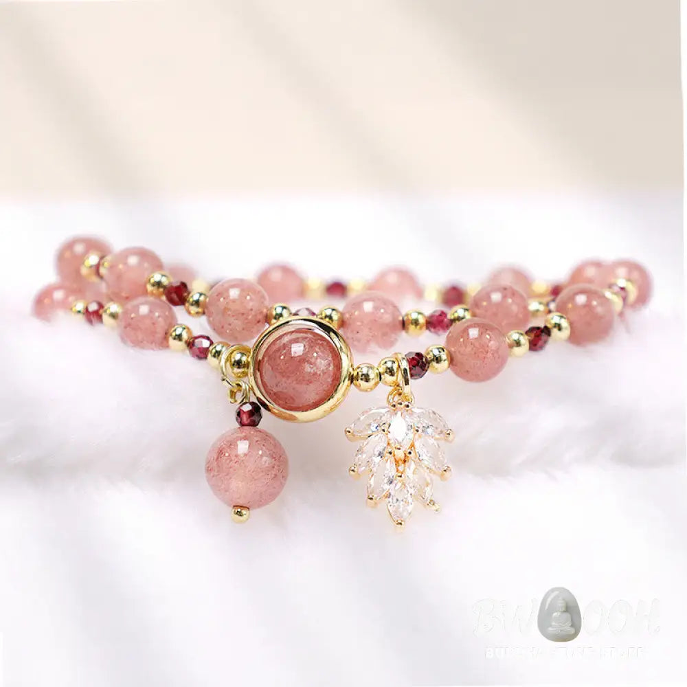 Buddha Stones Natural Strawberry Quartz Love Healing Maple Leaf Charm Double Wrap Bracelet - BWOOOH - Strawberry