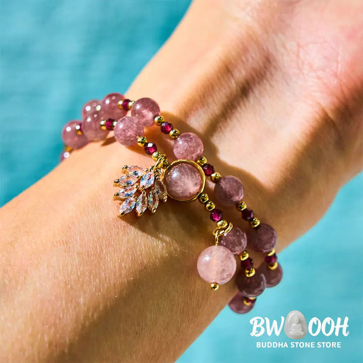 Buddha Stones Natural Strawberry Quartz Love Healing Maple Leaf Charm Double Wrap Bracelet - BWOOOH - Strawberry