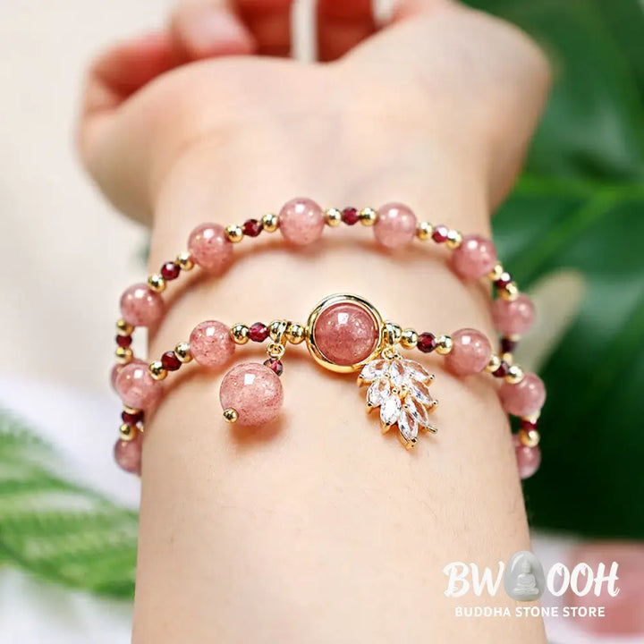 Buddha Stones Natural Strawberry Quartz Love Healing Maple Leaf Charm Double Wrap Bracelet - BWOOOH - Strawberry