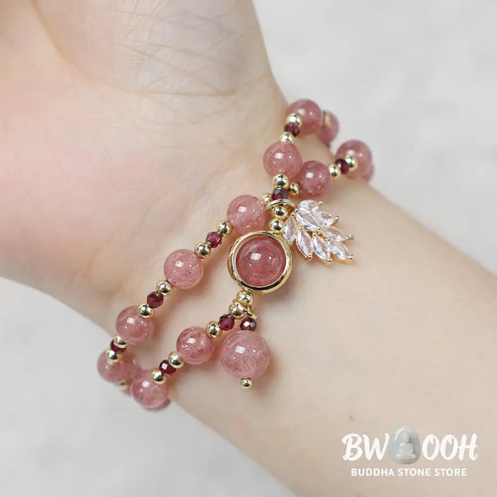 Buddha Stones Natural Strawberry Quartz Love Healing Maple Leaf Charm Double Wrap Bracelet - BWOOOH - Strawberry