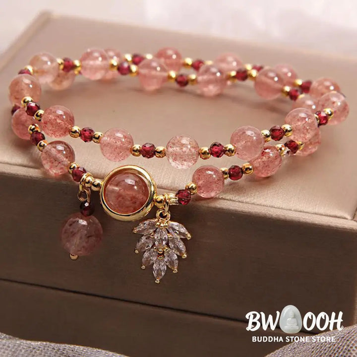 Buddha Stones Natural Strawberry Quartz Love Healing Maple Leaf Charm Double Wrap Bracelet - BWOOOH - Strawberry